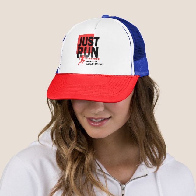 Just Run Marathon Runner Track Race Date Red Light Trucker Hat (In Situ)