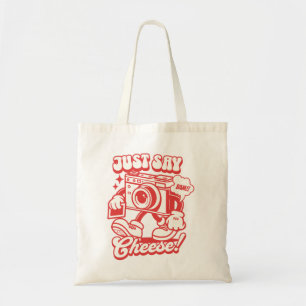"Just Say Cheese!" Retro Camera Mascot Tote Bag
