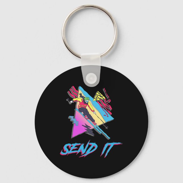 Just Send It Skier Skiing Ski Sendy Extreme Retro  Key Ring (Front)