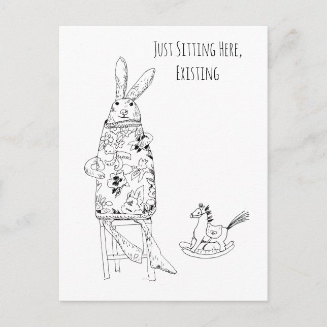 Just Sitting Here, Existing – Funny Rabbit Art Postcard (Front)