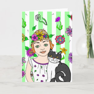 Just Thinking About You   Folk Art Girl and Cat Card