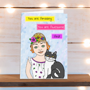 Just Thinking About You   Folk Art Girl and Cat  Card