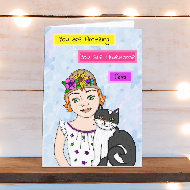 Just Thinking About You | Folk Art Girl and Cat  Card (Creator Uploaded)