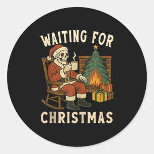 Just Waiting For Christmas Halloween Skeleton Drin Classic Round Sticker
