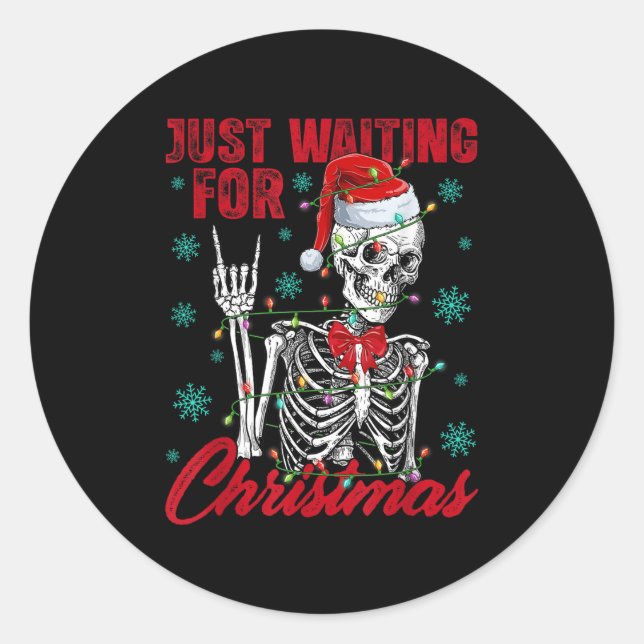Just Waiting For Christmas Skeleton Rock Hand Sign Classic Round Sticker (Front)