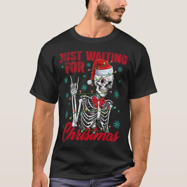 Just Waiting For Christmas Skeleton Rock Hand Sign T-Shirt (Front)