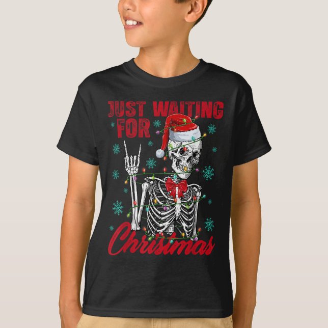 Just Waiting For Christmas Skeleton Rock Hand Sign T-Shirt (Front)