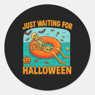 Just Waiting For Halloween Funny Skeleton Floating Classic Round Sticker