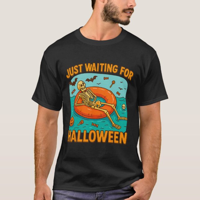 Just Waiting For Halloween Funny Skeleton Floating T-Shirt (Front)