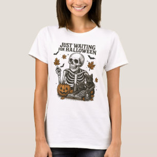 Just Waiting For Halloween Skeleton and Cats T-Shirt