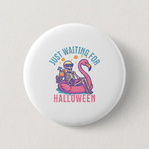 Just Waiting For Halloween Skeleton Flamingo Beach 6 Cm Round Badge