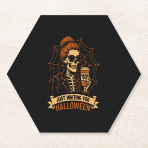 Just Waiting for Halloween Skeleton Paper Coaster