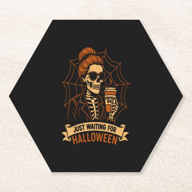 Just Waiting for Halloween Skeleton Paper Coaster (Front)