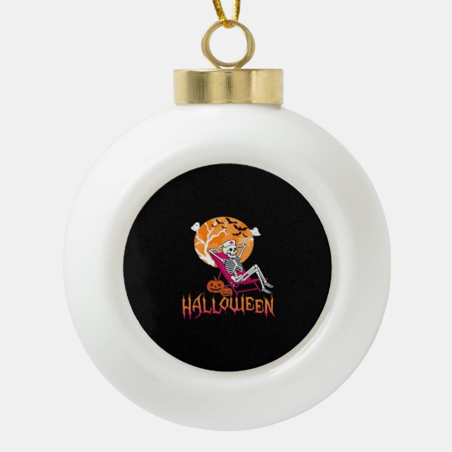 Just Waiting For Halloween Summer Nurse Skeleton P Ceramic Ball Christmas Ornament (Front)
