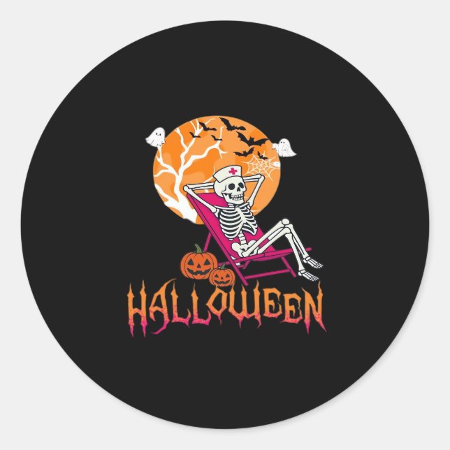 Just Waiting For Halloween Summer Nurse Skeleton P Classic Round Sticker (Front)
