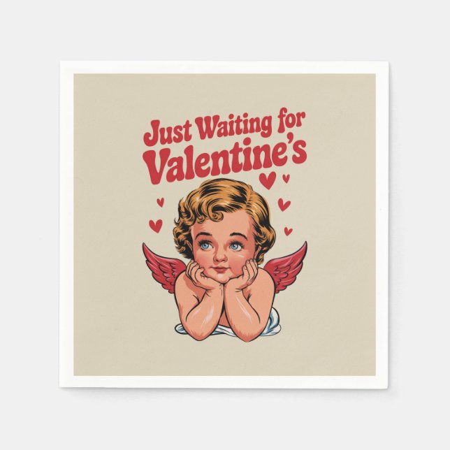 Just Waiting For Valentine's Retro Baby Cupid Love Napkin (Front)