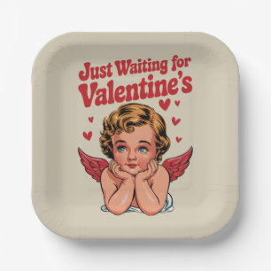 Just Waiting For Valentine's Retro Baby Cupid Love Paper Plate