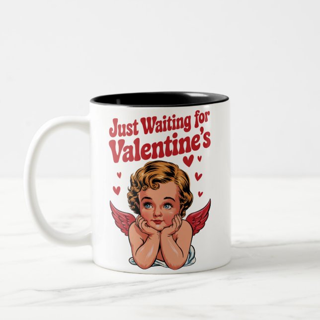 Just Waiting For Valentine's Retro Baby Cupid Love Two-Tone Coffee Mug (Left)