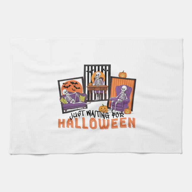 Just Waiting Halloween Fall Vibes Tea Towel (Horizontal)