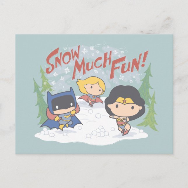Justice League Chibi Snowball Fight Holiday Postcard (Front)