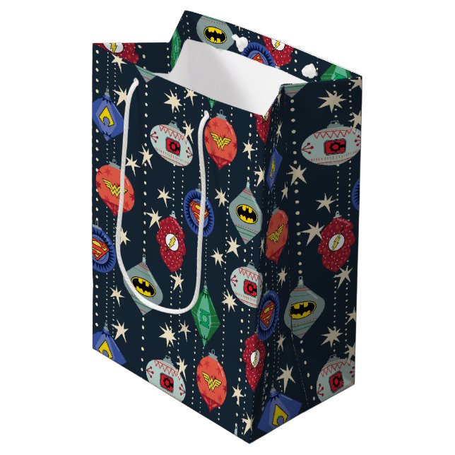 Justice League Holiday Bauble Pattern Medium Gift Bag (Front Angled)