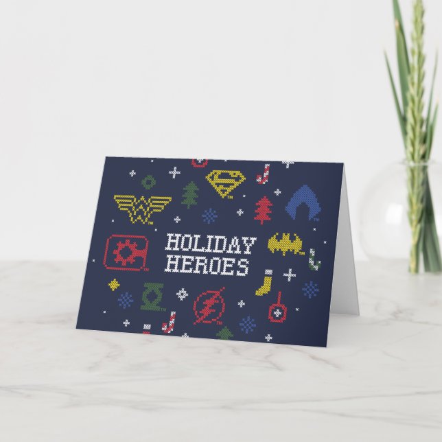 Justice League "Holiday Heroes" Faux Cross-Stitch Holiday Card (Front)