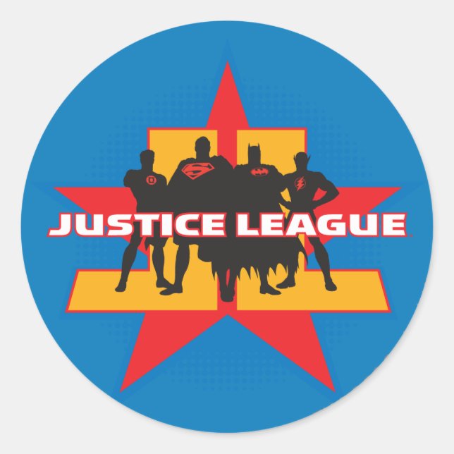 Justice League Silhouettes and Star Background Classic Round Sticker (Front)