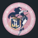 Justice League | Wonder Woman & JL Icon Pop Art Large Clock<br><div class="desc">Check out Wonder Woman painted in a classic high contrast noir style,  her Lasso of Truth in hand and whipping around a gold and blue Justice League JL shield logo. Halftone dots scatter across this graphic giving it a nostalgic comic book feel.</div>