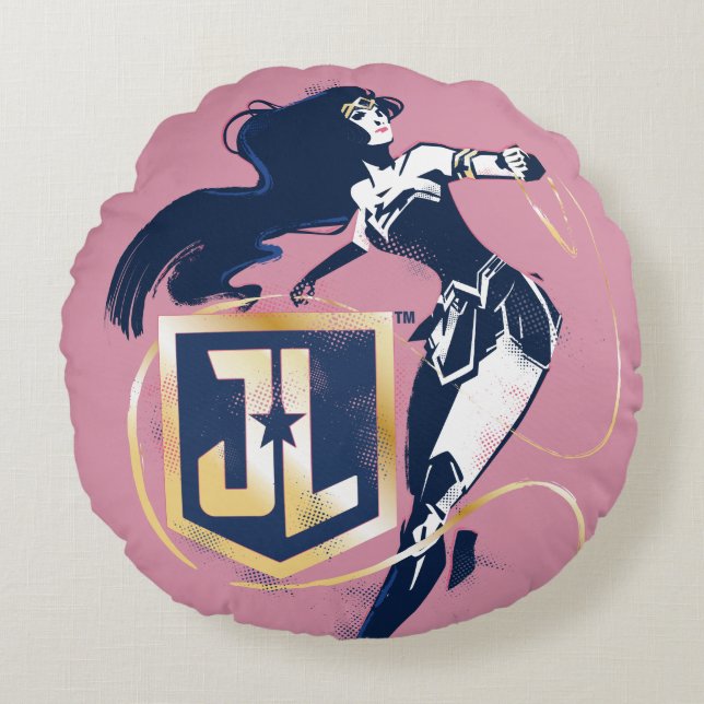Justice League | Wonder Woman & JL Icon Pop Art Round Cushion (Front)