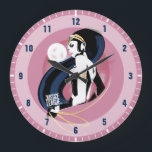 Justice League | Wonder Woman Profile Pop Art Large Clock<br><div class="desc">Check out Justice League's Wonder Woman, painted here in a classic high contrast noir style with halftone dots scattered throughout. Wonder Woman turns to the side, holding her Lasso of Truth, coming out of a large pink disc with the Justice League logo at the end of her long flowing hair....</div>