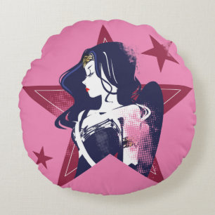 Justice League   Wonder Woman & Stars Pop Art Round Cushion