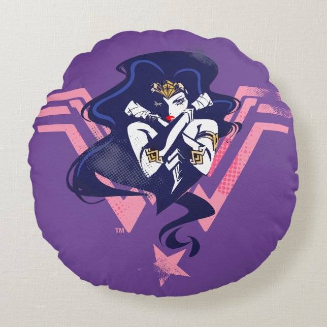 Justice League | Wonder Woman & Symbol Pop Art Round Cushion (Front)