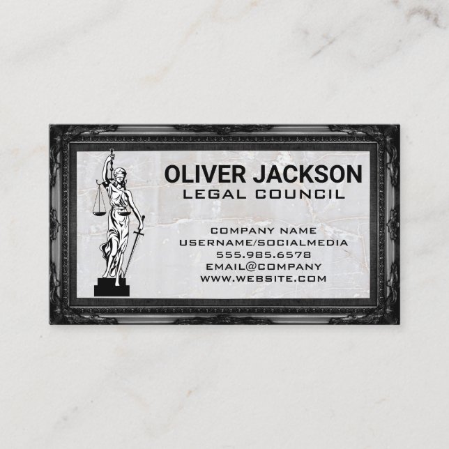 Justice Scales | Antique Frame | Marble Stone Business Card (Front)
