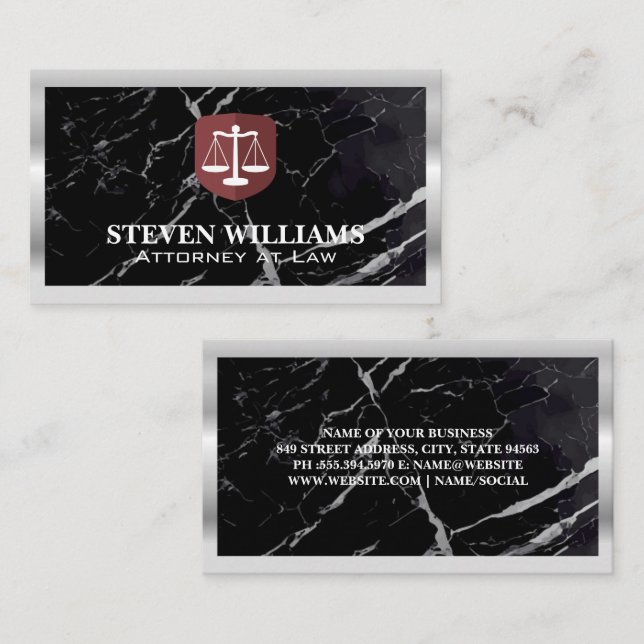 Justice Scales | Black Marble | Metal Border Business Card (Front/Back)