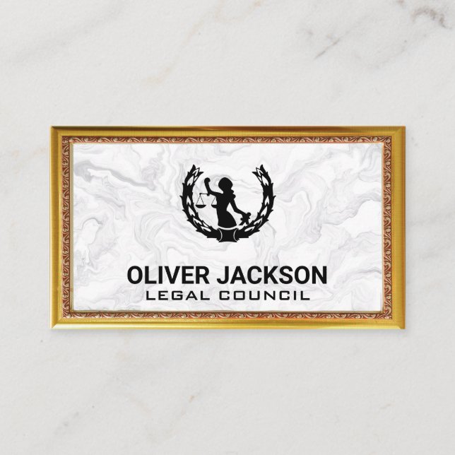 Justice Scales | Marble Gold Antique Border Frame Business Card (Front)