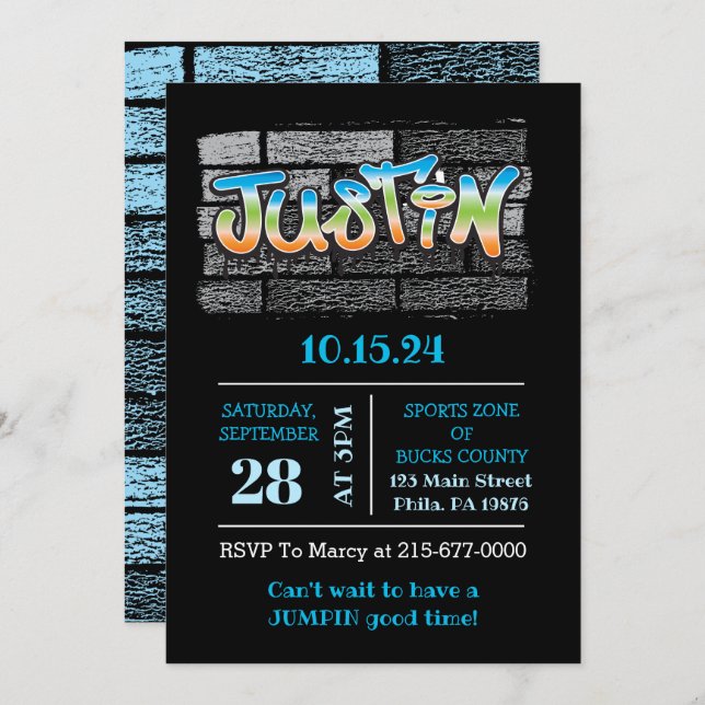 Justin Your Name graffiti Logo Brick Wall Paint Invitation (Front/Back)