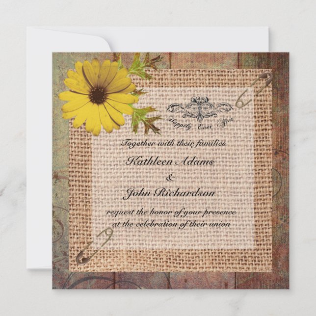 Jute Burlap on Rustic Wood Wedding Invitation (Front)