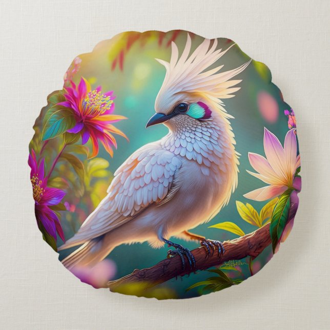 Juvenile Crested Blush Feather Dove Fantasy Bird Round Cushion (Front)