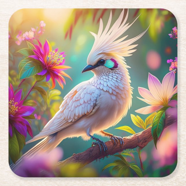 Juvenile Crested Blush Feather Dove Fantasy Bird Square Paper Coaster (Front)