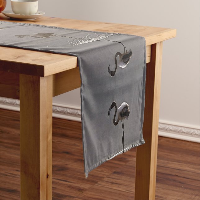 Juvenile Flamingo In Grey With Reflection Short Table Runner (In Situ)