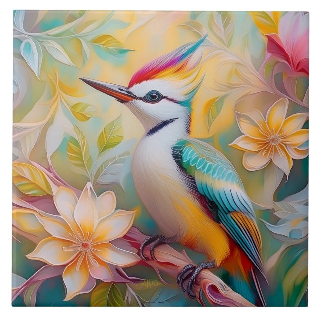 Juvenile Rainbow Woodpecker Fantasy Bird Tile (Front)