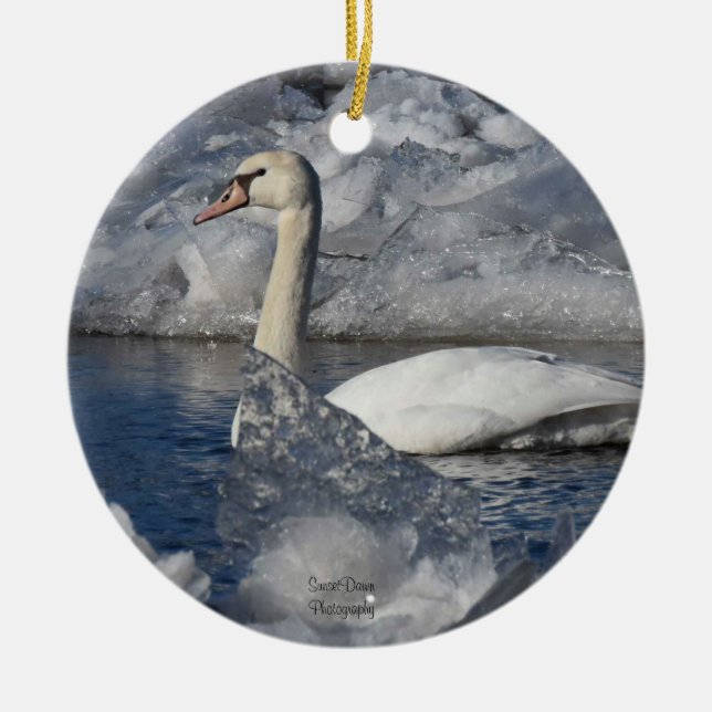 Juvenile Swan in Icey River Ceramic Tree Decoration (Front)