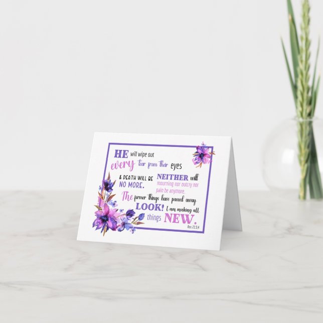 JW Sympathy Card Purple Pink floral Revelation 21 (Front)