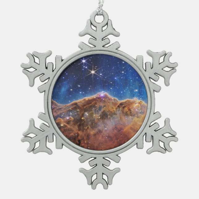 JWST James Webb Space Telescope Cosmic Cliffs Snowflake Pewter Christmas Ornament (Front)