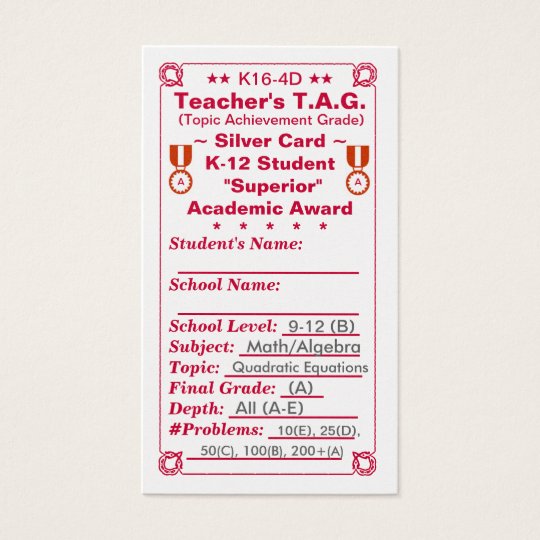 K16-4D Teacher's T.A.G. ~Silver Card~ HS 100ct Business Card