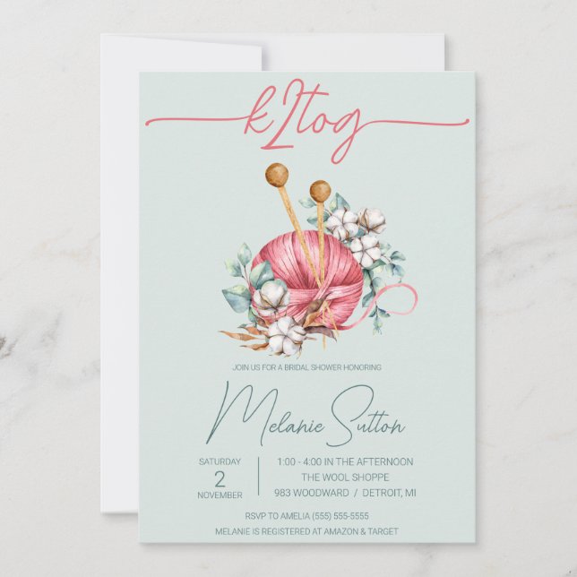 k2tog, Blue and Pink Cotton Knitting Bridal Shower Invitation (Front)