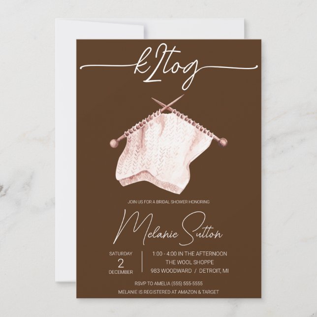 k2tog, Knitting, Brown & Ivory Bridal Shower Invitation (Front)