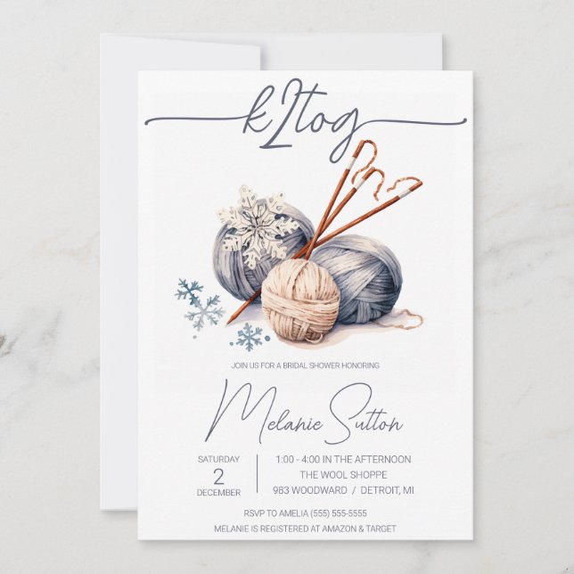 k2tog, Wintery Grey Yarn, Knitting Bridal Shower Invitation (Front)