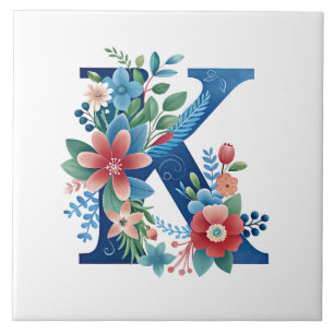 'K' blue monogram, ornate floral design, Tile