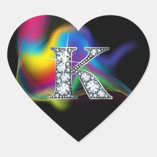 "K" Diamond Bling on Rainbow Swirl Heart Sticker